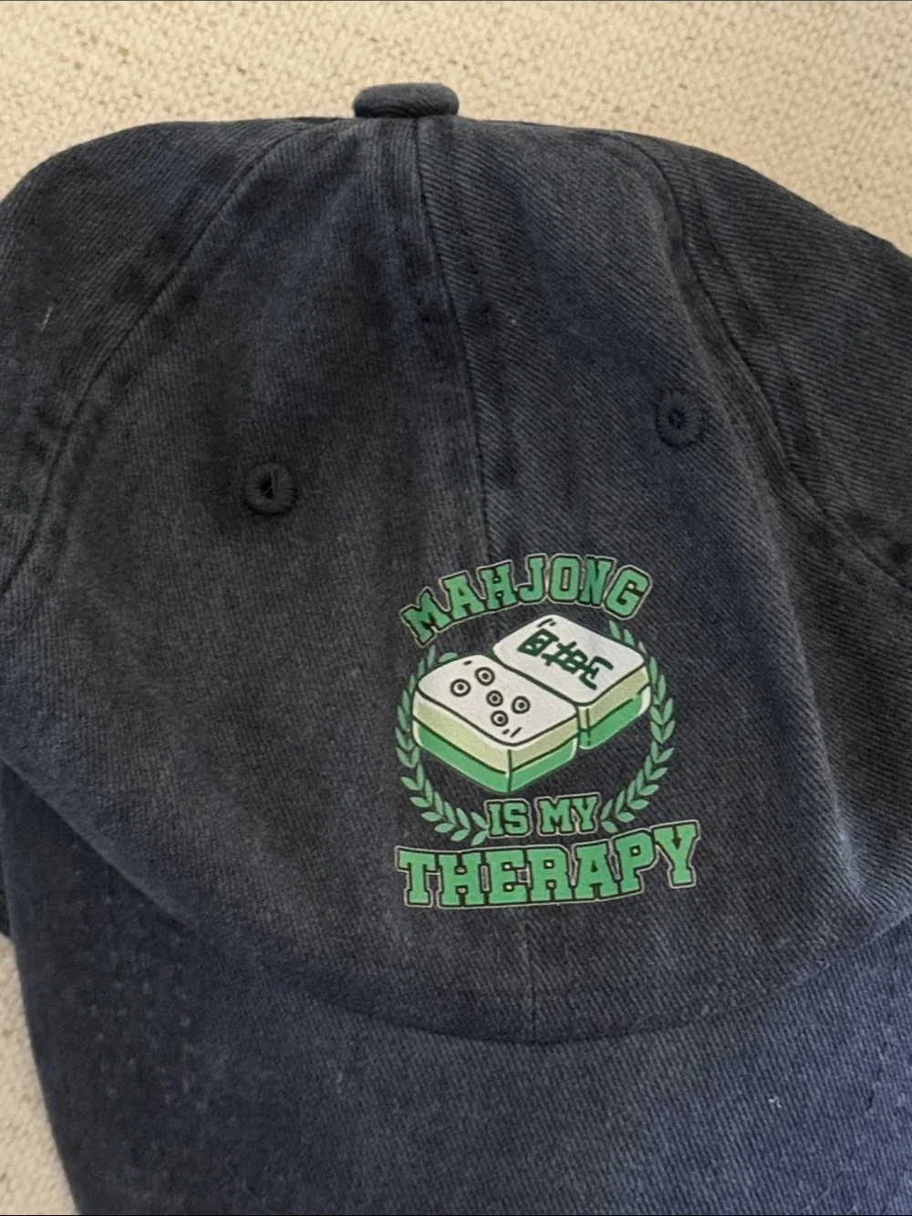 “Mahjong Is My Therapy” Blue Baseball Cap with Green Graphic